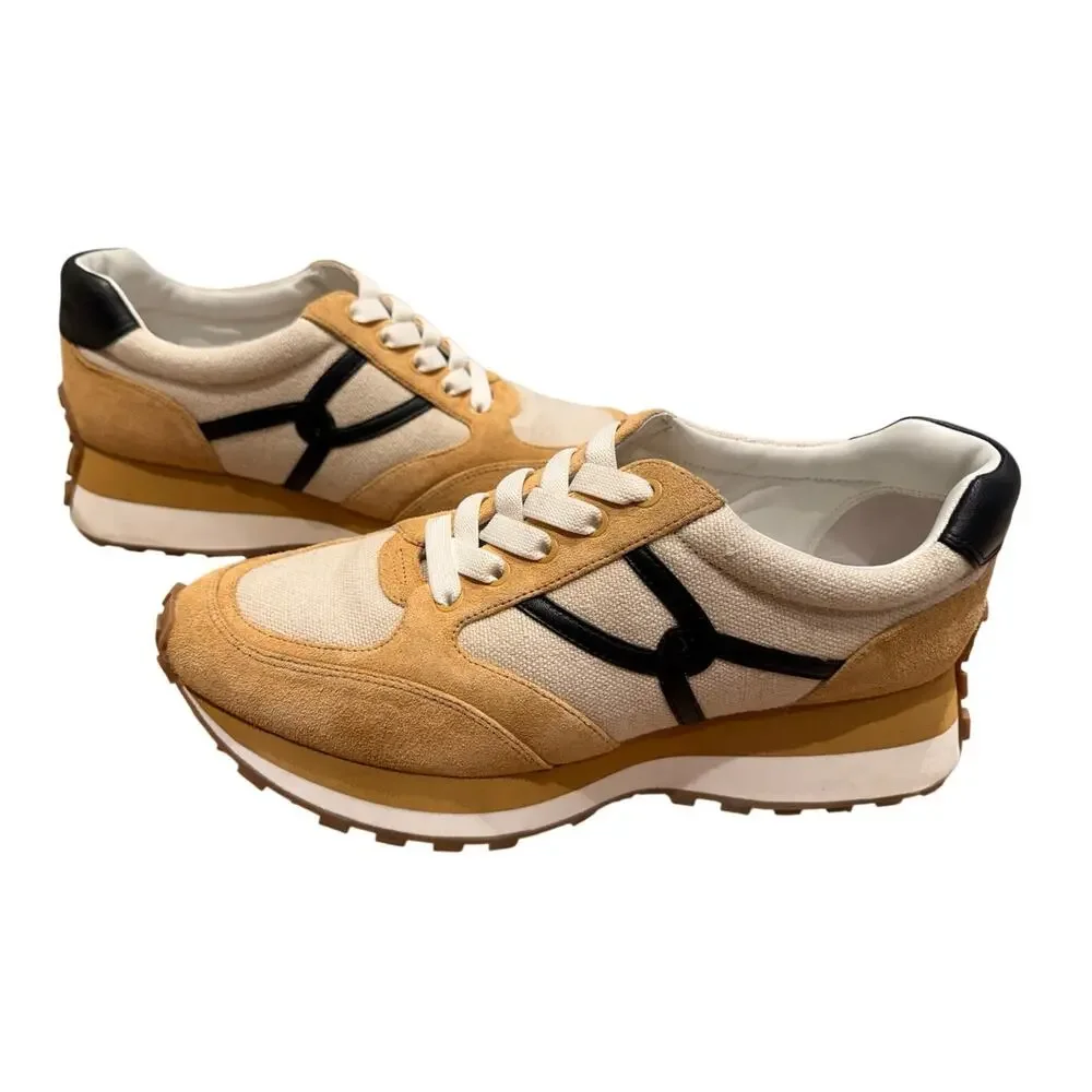 Veronica Beard Retro Runner Canvas Suede Sneaker Tan Cream Black Size 11 - Picture 6 of 8